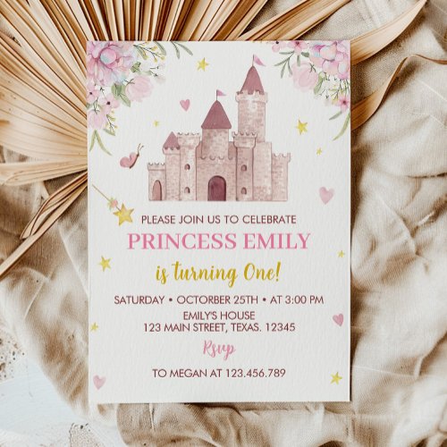 Pink Gold Crown Princess 1st Birthday Invitation