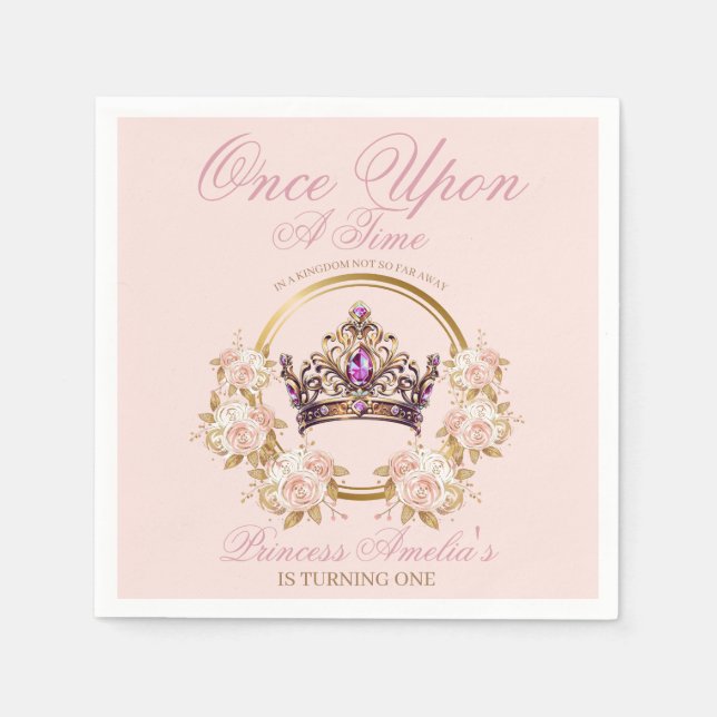 Pink Gold Crown Princess 1st Birthday  Napkins (Front)