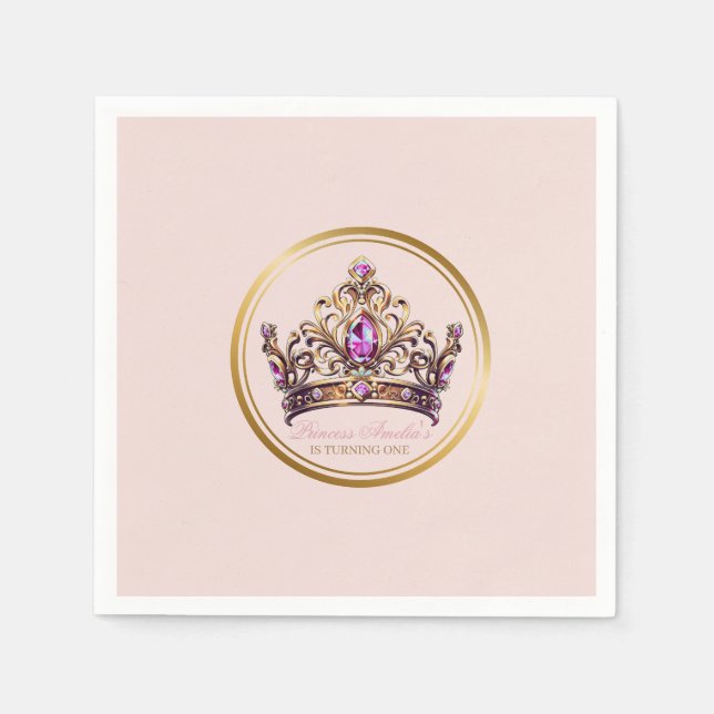 Pink Gold Crown Princess 1st Birthday Napkins (Front)