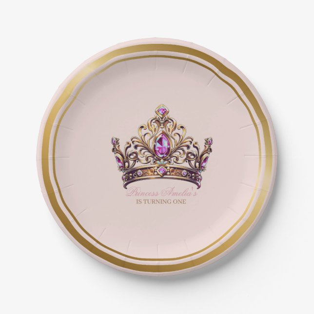 Pink Gold Crown Princess 1st Birthday Paper Plates (Front)