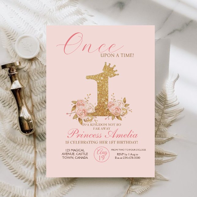 Pink Gold Crown Princess 1st Birthday Party  Invitation (Creator Uploaded)