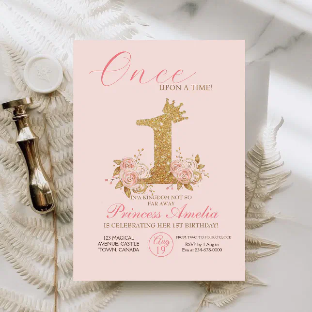 Pink Gold Crown Princess 1st Birthday Party Invitation | Zazzle
