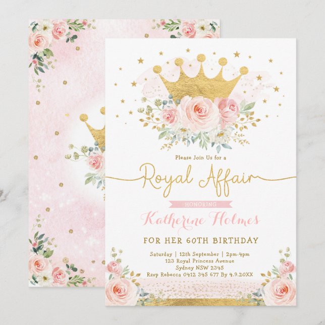 Pink Gold Crown Princess 60th Birthday Party Invitation (Front/Back)