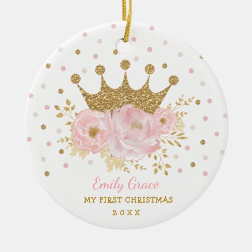 Pink Gold Crown Princess Baby 1st First Christmas Ceramic Ornament
