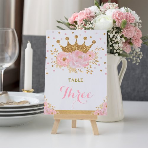 Pink Gold Crown Princess Baby Girl Table Number