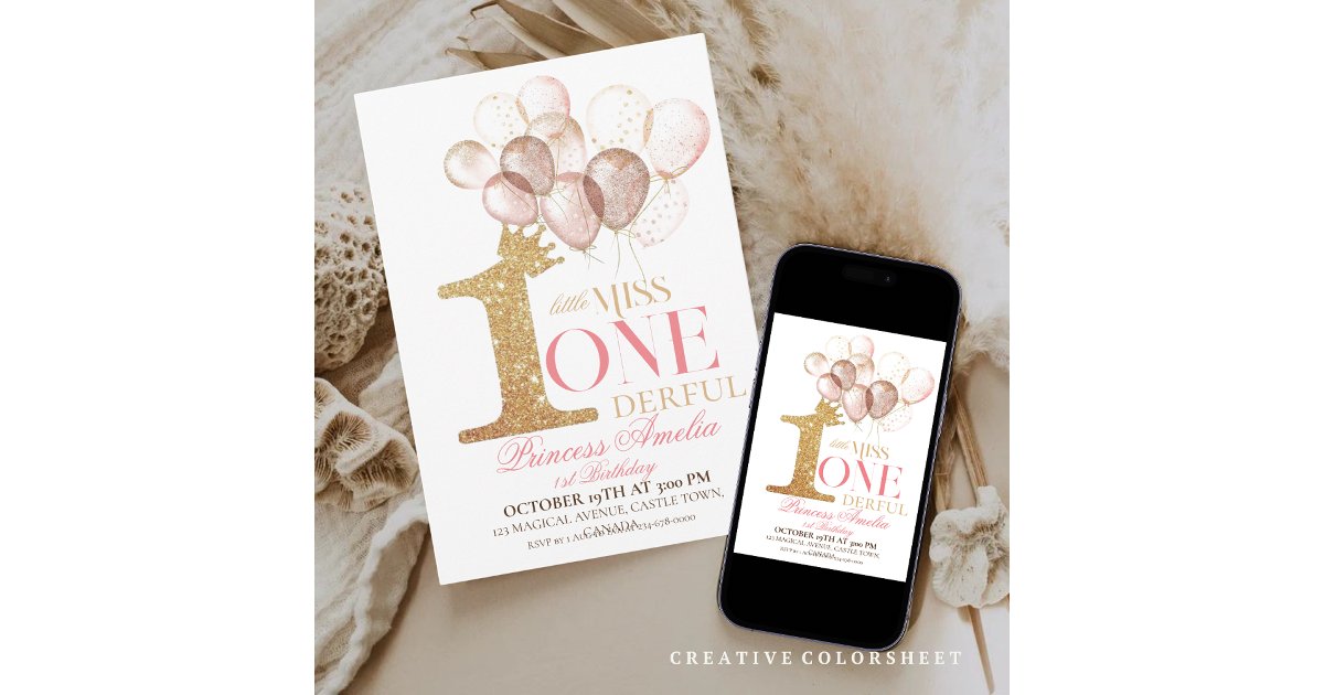 Pink Gold Crown Princess balloons 1st Birthday Invitation | Zazzle