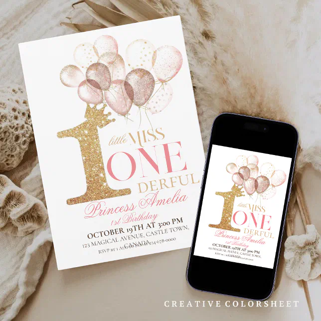 Pink Gold Crown Princess balloons 1st Birthday Invitation | Zazzle