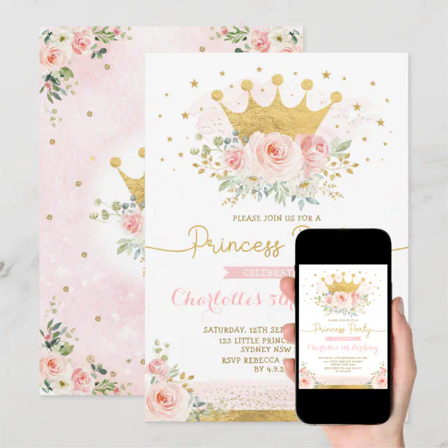 Pink Gold Crown Princess Birthday Blush Floral Invitation | Zazzle