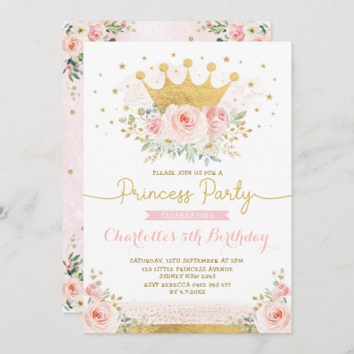 Pink Gold Crown Princess Birthday Blush Floral Invitation