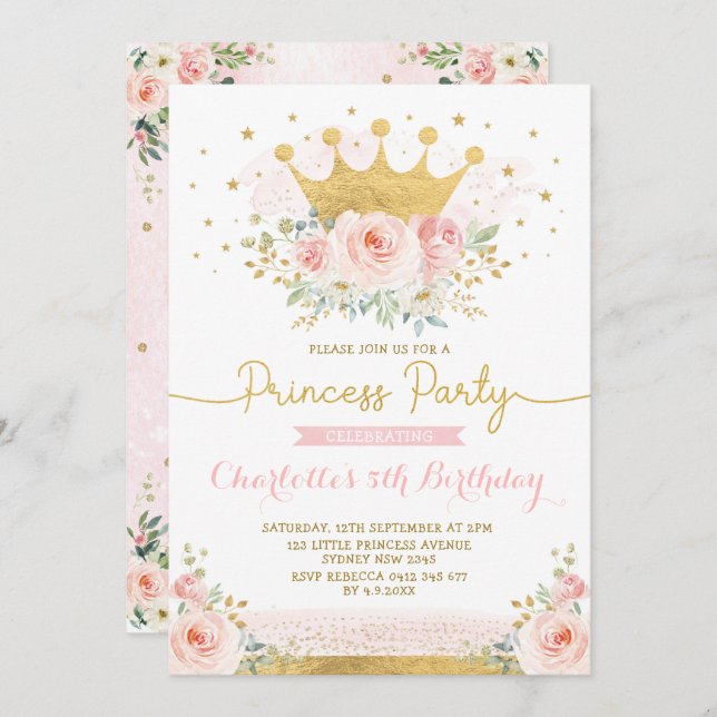 Pink Gold Crown Princess Birthday Blush Floral Invitation (Front/Back)