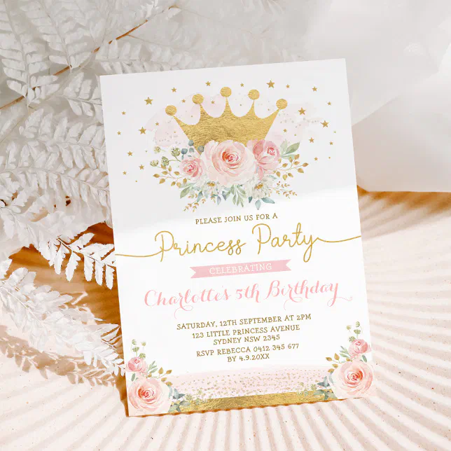 Pink Gold Crown Princess Birthday Blush Floral Invitation | Zazzle
