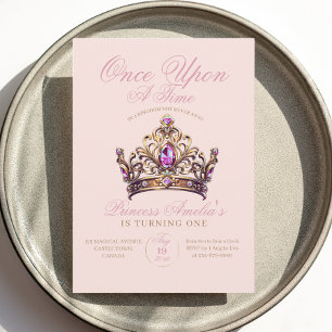 Pink Gold Crown Princess First Birthday Invitation