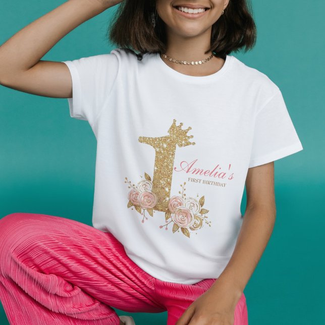 Pink Gold Crown Princess First Birthday Party  Baby T-Shirt (Creator Uploaded)