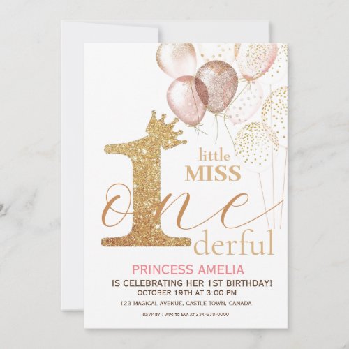 Pink Gold Crown Princess First Birthday Party  Invitation
