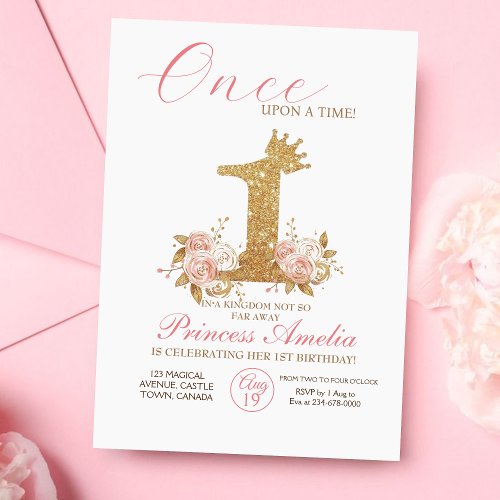 Pink Gold Crown Princess First Birthday Party  Invitation