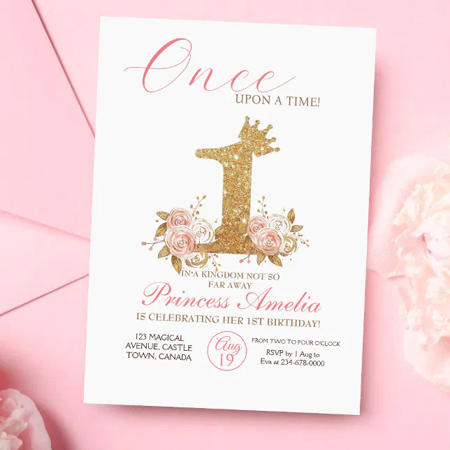 Pink Gold Crown Princess First Birthday Party Invitation | Zazzle