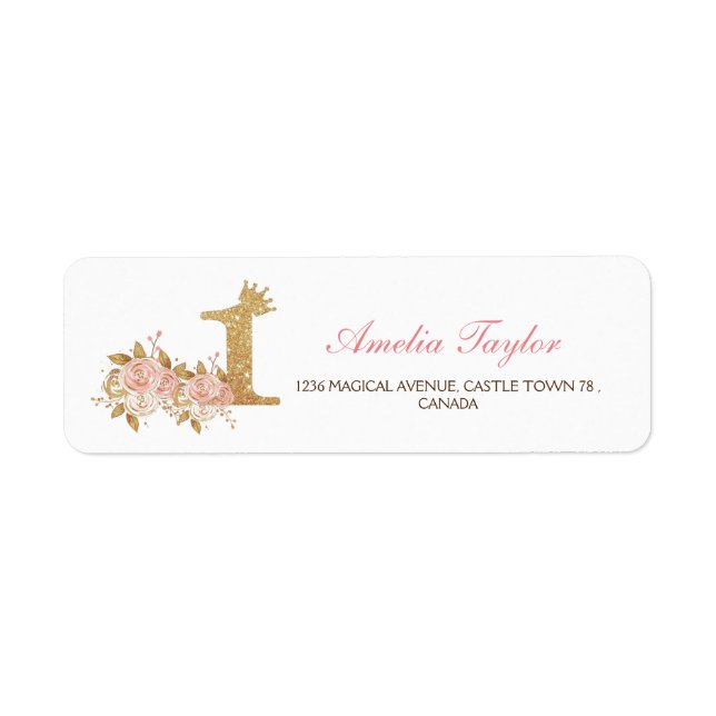 Pink Gold Crown Princess First Birthday Party  Label (Front)