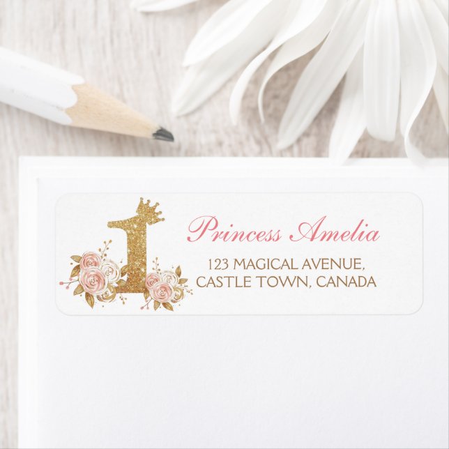 Pink Gold Crown Princess First Birthday Party  Label (Insitu)