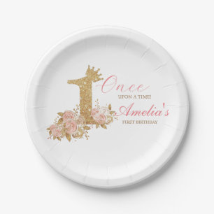 Pink Gold Crown Princess First Birthday Party  Paper Plates