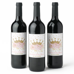 Pink Gold Crown Princess Floral Baby Girl Favors W Wine Label