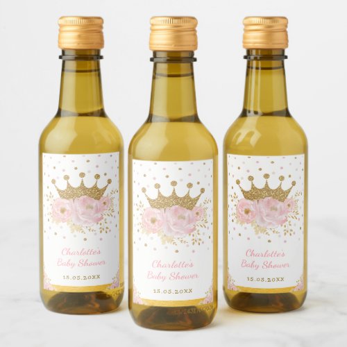 Pink Gold Crown Princess Floral Baby Girl Favors Wine Label