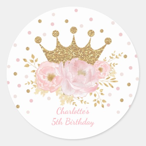 Pink Gold Crown Princess Floral Birthday Baby Girl Classic Round Sticker