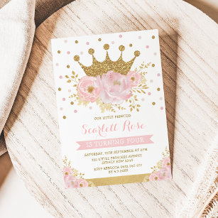 Pink Gold Crown Princess Girly Floral Birthday Invitation