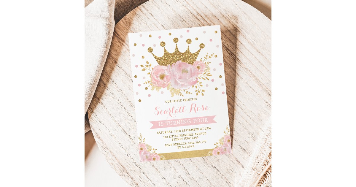 Pink Gold Crown Princess Girly Floral Birthday Invitation | Zazzle