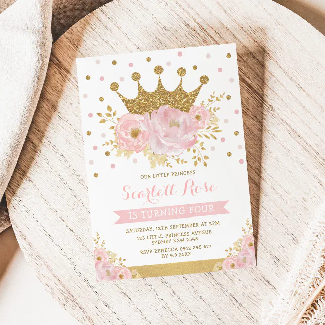 Pink Gold Crown Princess Girly Floral Birthday Invitation | Zazzle