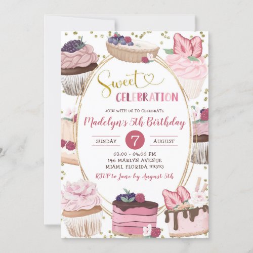 Pink Gold Cupcake Sweet Celebration Girl Birthday Invitation