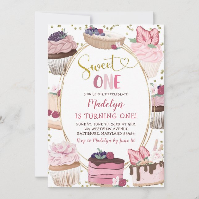 Pink Gold Cupcake Sweet One Birthday Invitation (Front)