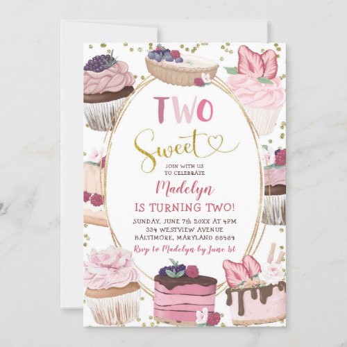 Pink Gold Cupcake Two sweet 2nd Birthday Invite