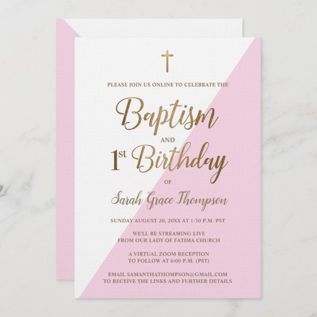 Pink Gold Custom virtual baptism first birthday Invitation (Front/Back)