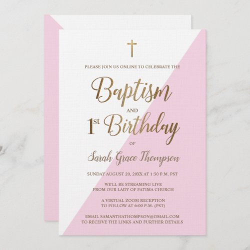 Pink Gold Custom virtual baptism first birthday Invitation