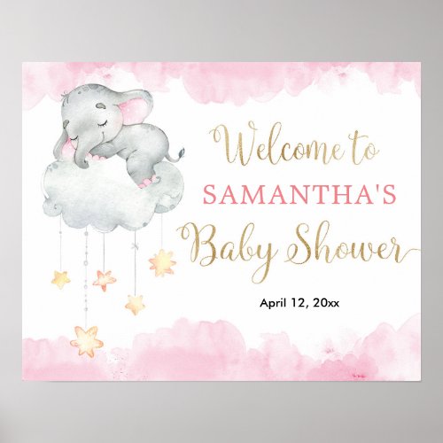 Pink gold cute elephant baby shower welcome sign