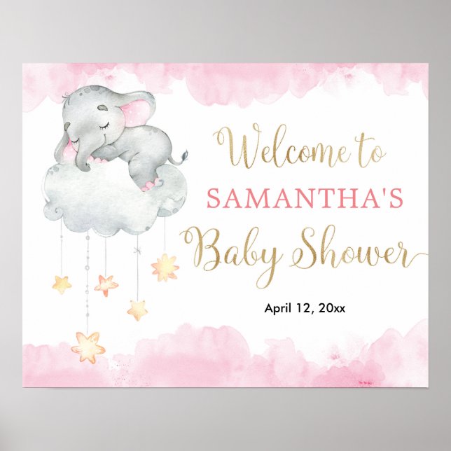 Pink gold cute elephant baby shower welcome sign (Front)