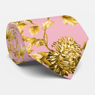 Pink & Gold Dahlias Floral Wedding Neck Tie