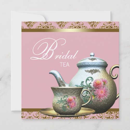 Pink Gold Damask Tea Cup Bridal Shower Custom Invitation