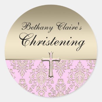 Pink & Gold Damask Christening Sticker by ExclusiveZazzle at Zazzle