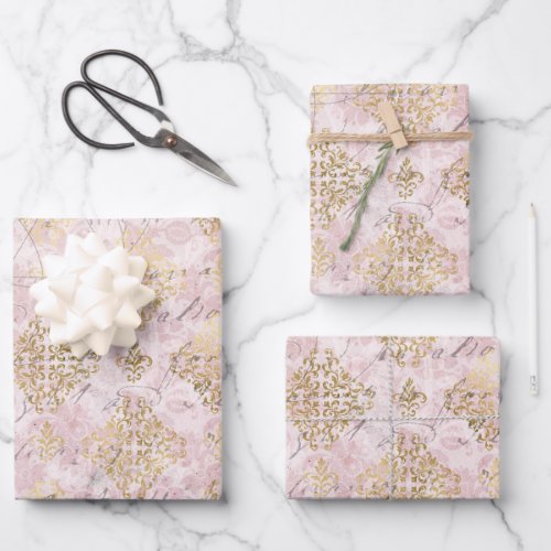 Pink Gold Damask Ephemera Digital Collage Wrapping Paper Sheets
