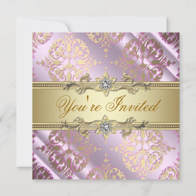 Pink Gold Damask Party Invitation (Front)