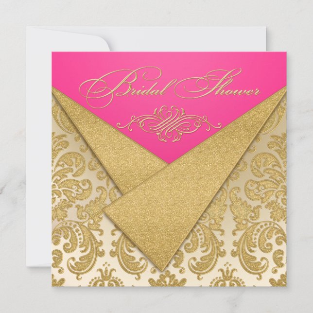 Pink, Gold Damask, Scroll Bridal Shower Invitation (Front)