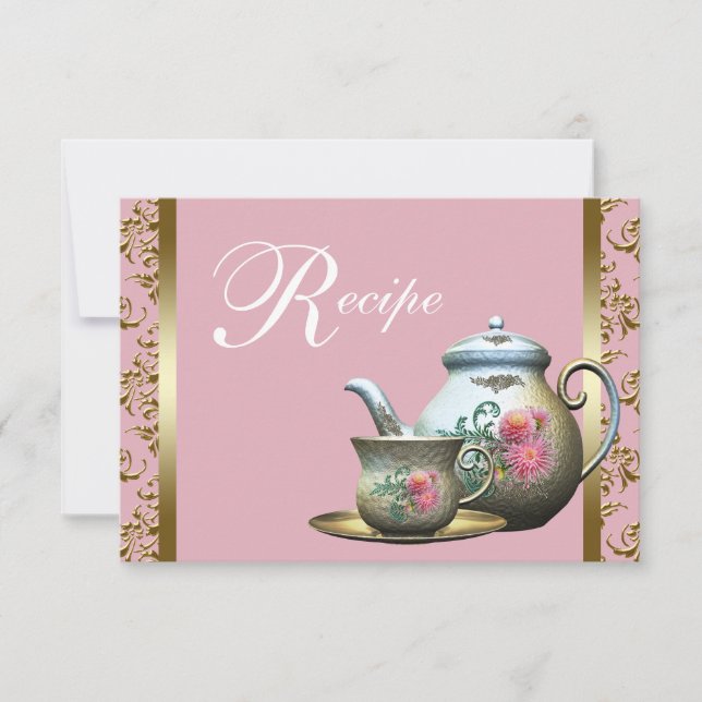Pink Gold Damask Tea Cup Recipe Cards (Front)