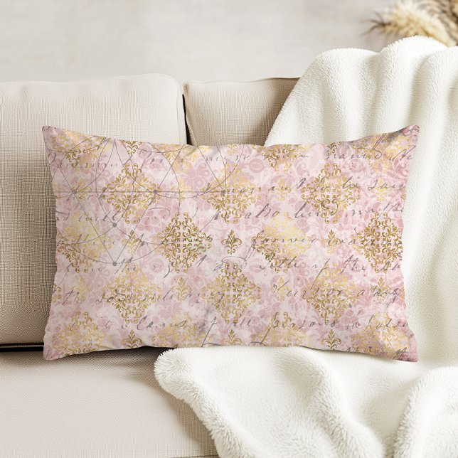 Pink Gold Damask Vintage Handwriting Ephemera Accent Pillow (Creator Uploaded)