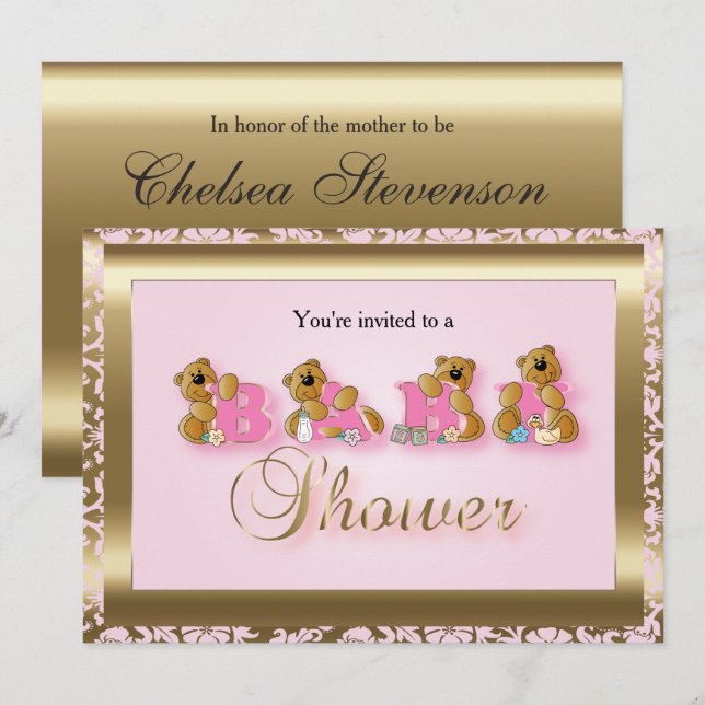 Pink & Gold Damask with Teddy Bears | Baby Shower Invitation (Front/Back)