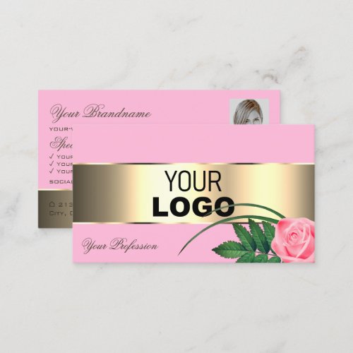Pink Gold Decor Rose Flower with Logo and Photo Business Card