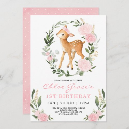 Pink Gold Deer Simple Greenery Forest Birthday Invitation