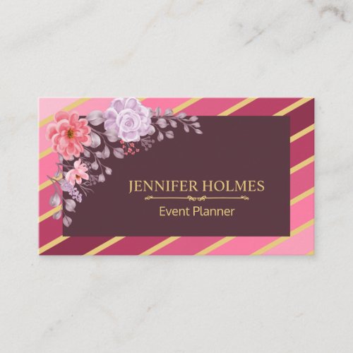 Pink Gold Diagonal Stripes Floral Event Planner  Business Card