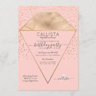 Pink Gold Diamond Confetti Glitter Birthday Invitation