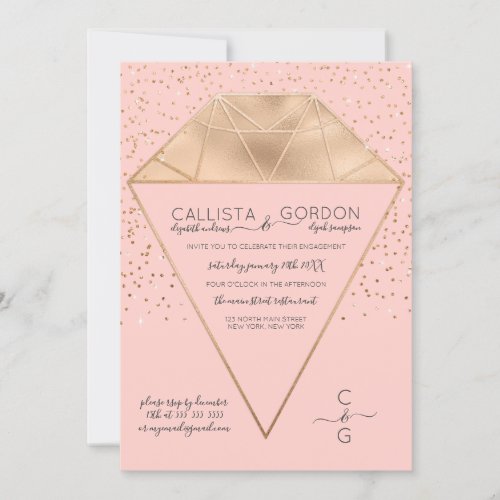 Pink Gold Diamond Confetti Glitter Engagement Invitation